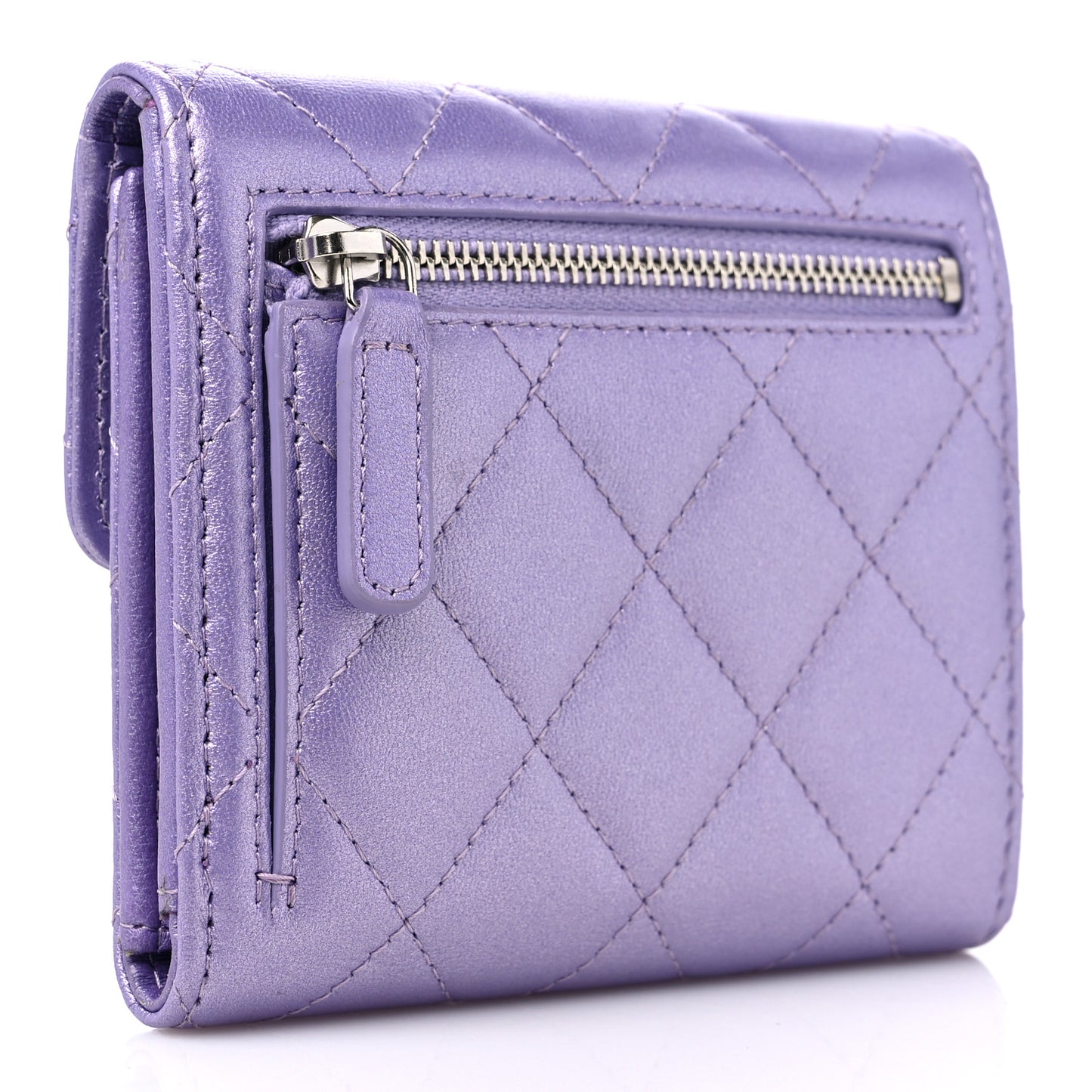 Iridescent Lambskin Quilted Compact Flap Wallet Purple