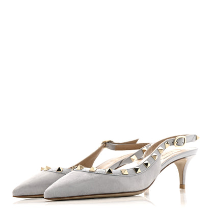Valentino Garavani Suede Nappa Rockstud Half d'Orsay Slingback 50mm Pumps 37.5 Pastel Grey 4 of 10