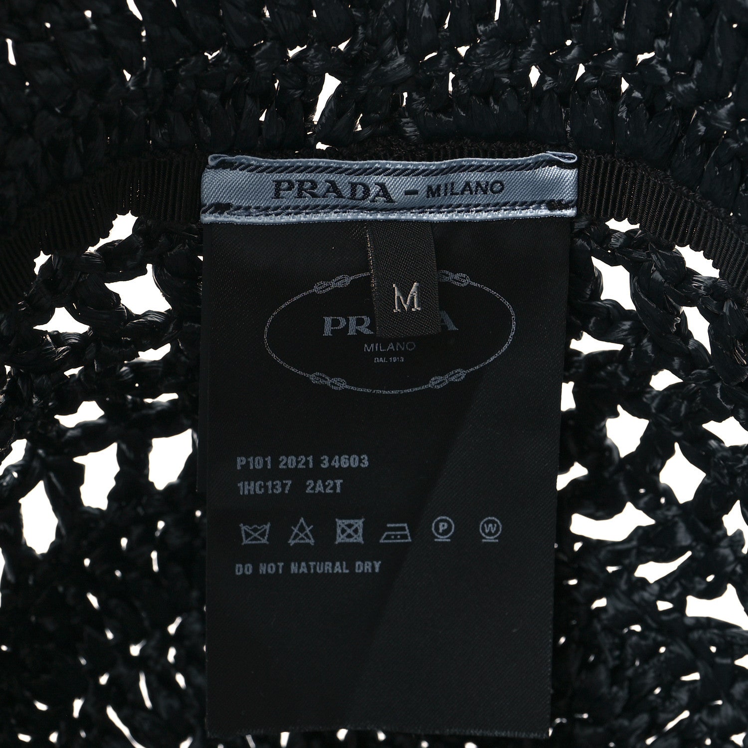 Prada Yarn Raffia Effect Crochet Logo Embroidered Womens Bucket Hat M Black 7 of 8