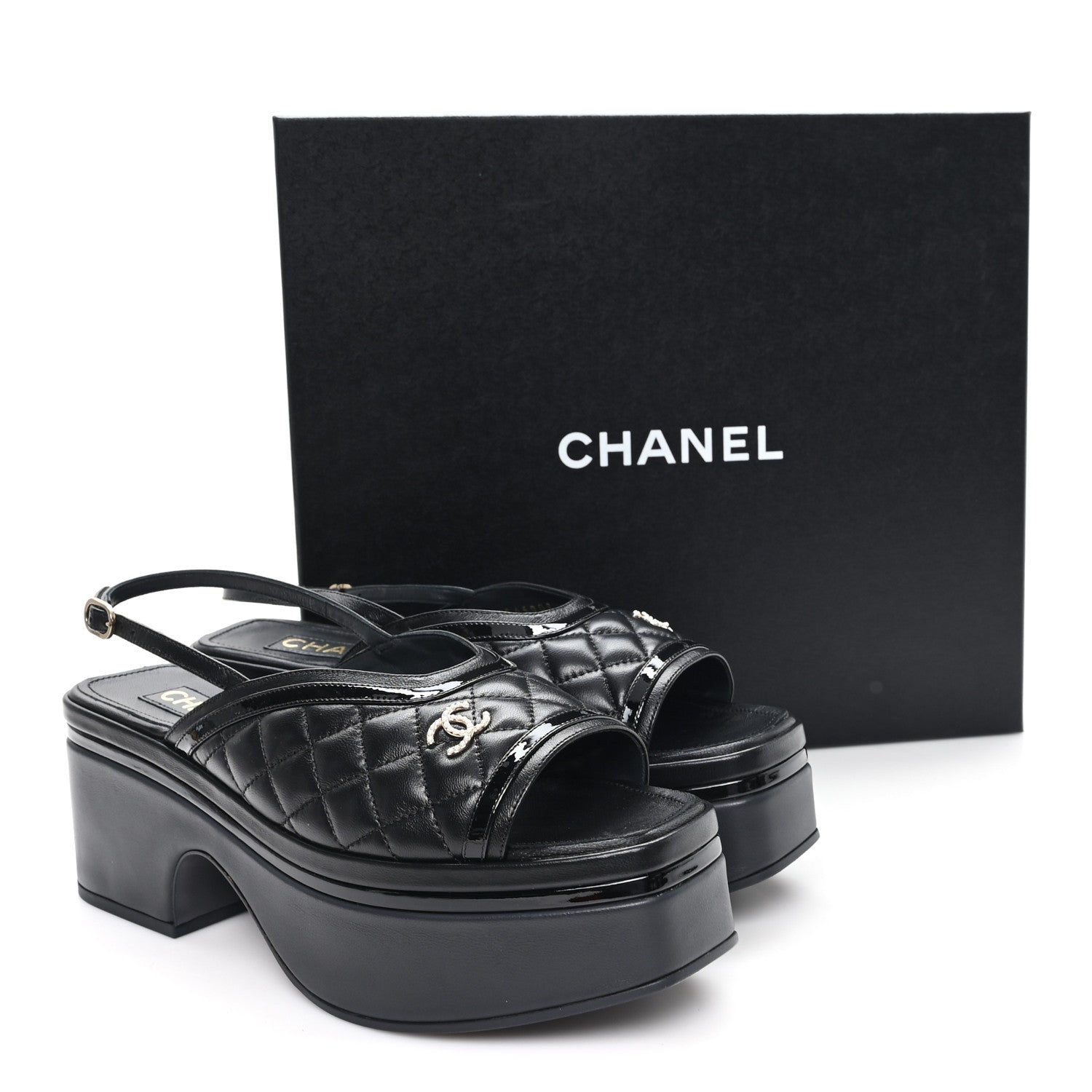 Chanel Lambskin Patent Quilted CC Platform Sandals 39.5 Black Chanel Lambskin Patent Quilted CC Platform Sandals 39.5 Black