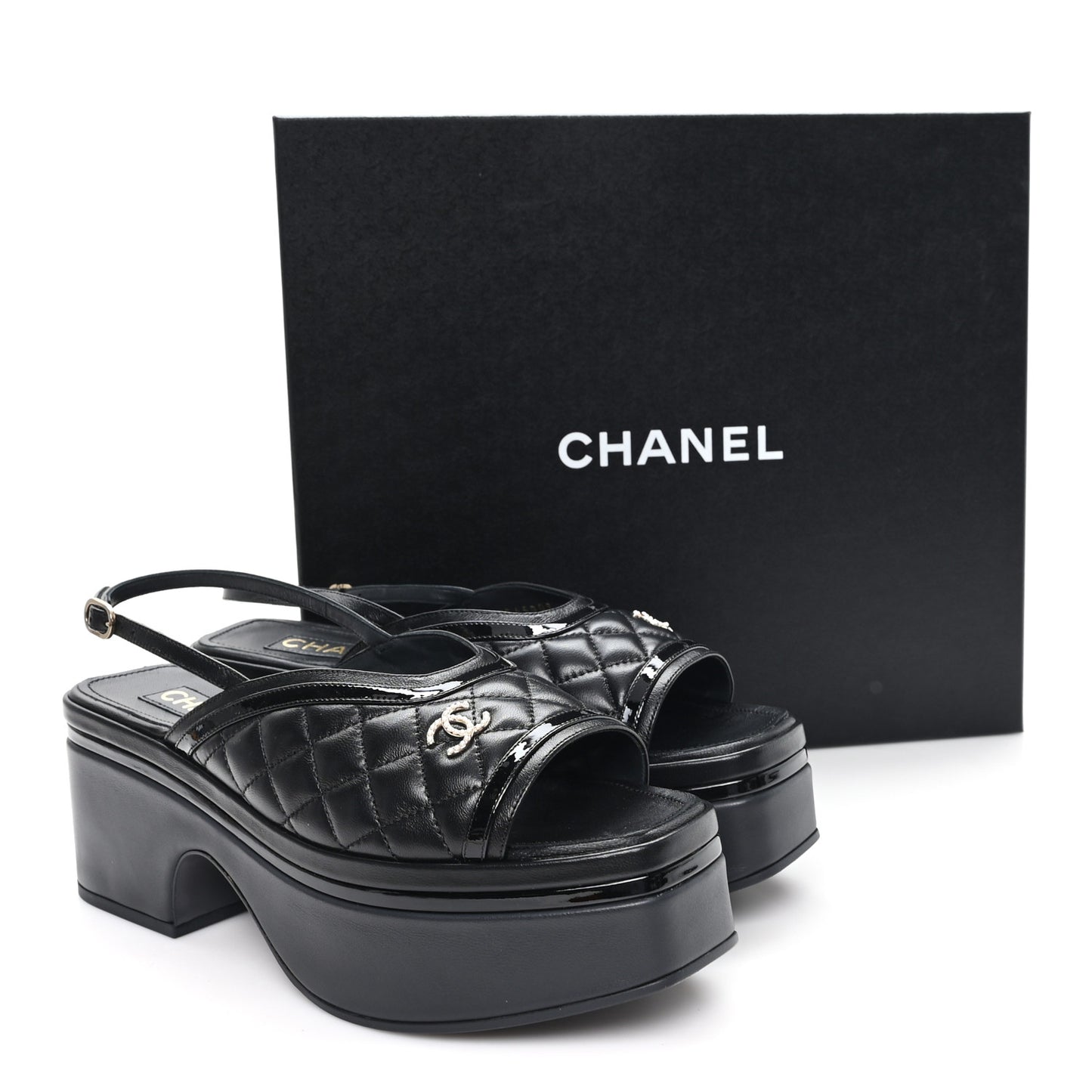 Lambskin Patent Quilted CC Platform Sandals 39.5 Black