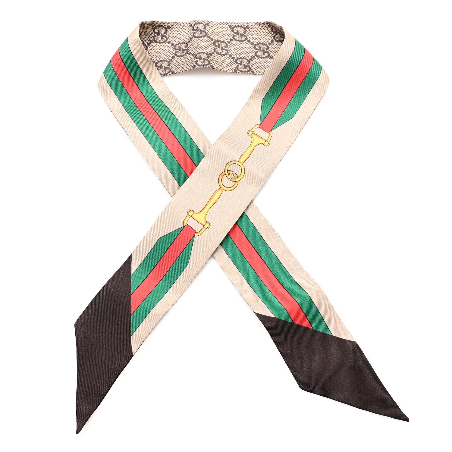 Gucci Silk Twill GG Monogram Web Horsebit Neck Bow Scarf Dark Brown 1 of 3