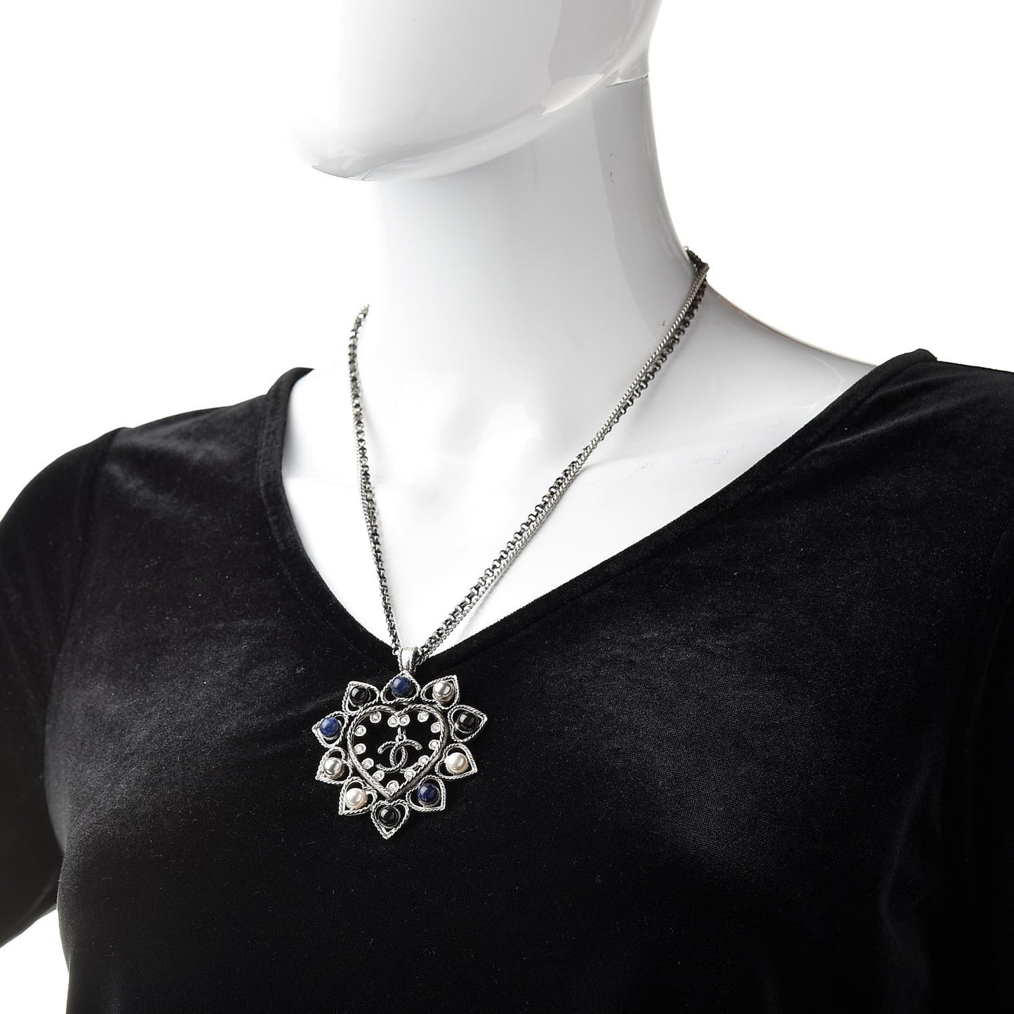 Crystal Pearl Bead CC Heart Pendant Chain Necklace Silver