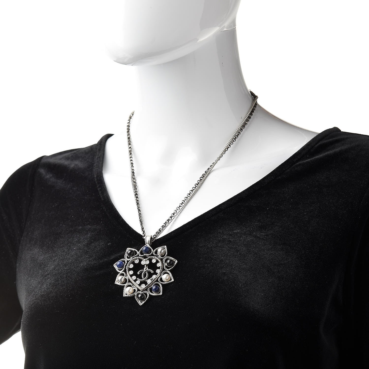 Chanel Crystal Pearl Bead CC Heart Pendant Chain Necklace Silver 2 of 6