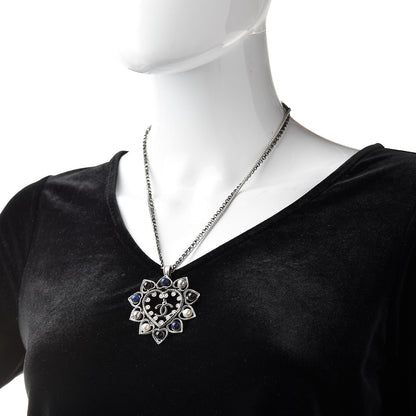 Chanel Crystal Pearl Bead CC Heart Pendant Chain Necklace Silver 2 of 6