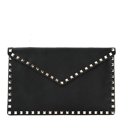 Valentino Garavani Pebbled Calfskin Large Rockstud Envelope Clutch Black 1 of 7