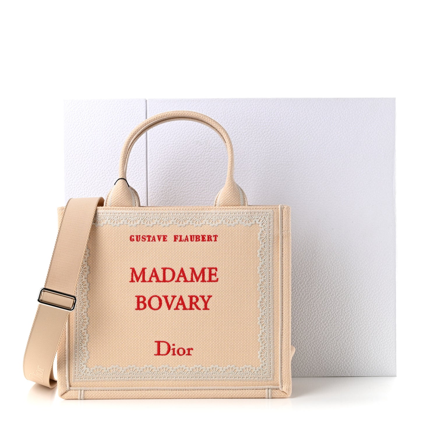 Oblique Embroidered Lace Dior Madame Bovary Small Book Tote With Strap Beige Red