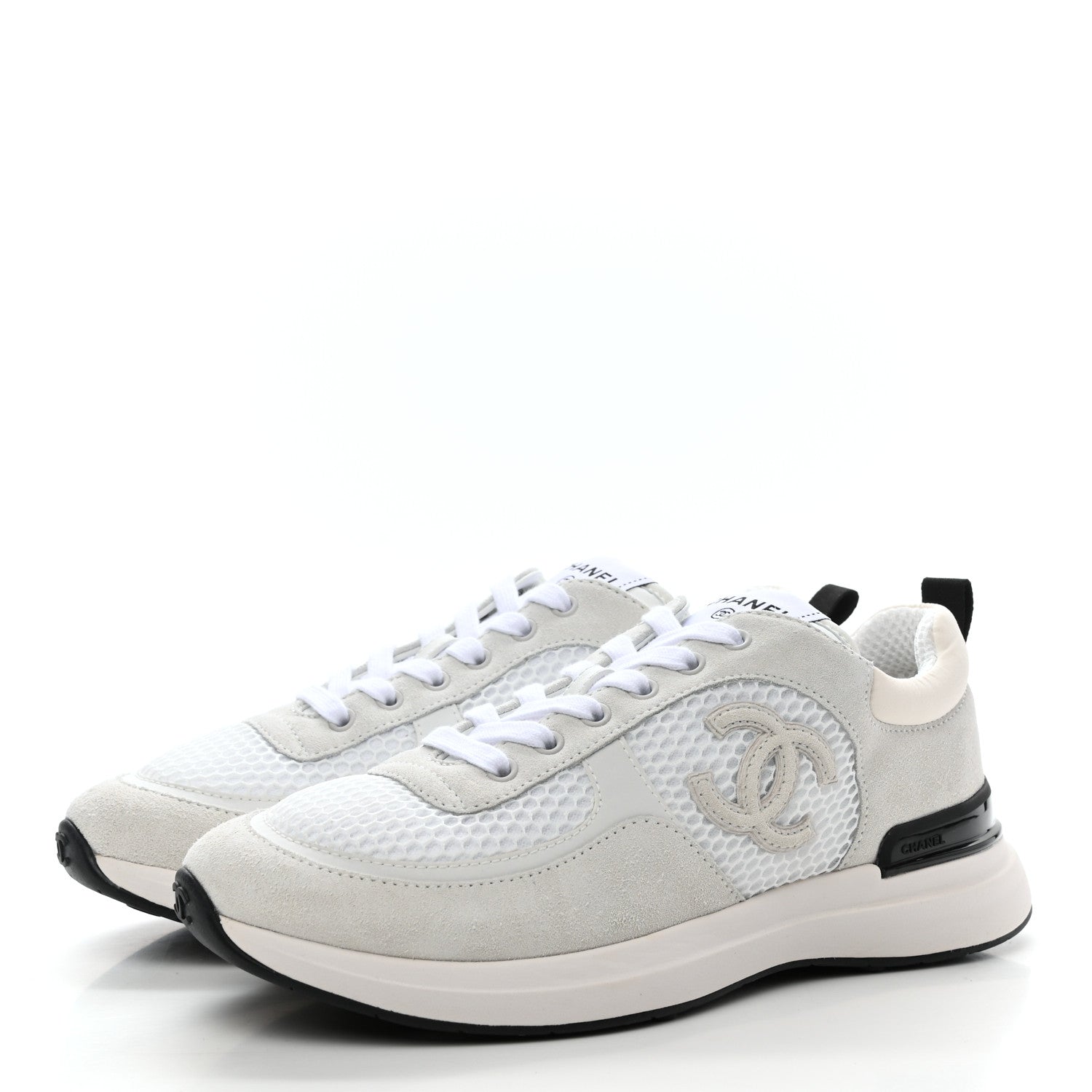 Chanel Calfskin Mesh Lycra Suede Womens Logo Sneakers 38 White Ivory Black 3 of 7