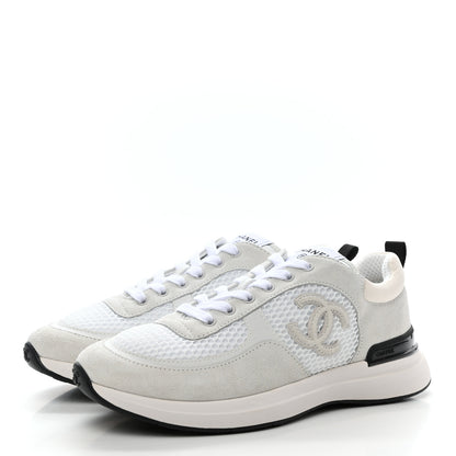 Chanel Calfskin Mesh Lycra Suede Womens Logo Sneakers 38 White Ivory Black 3 of 7
