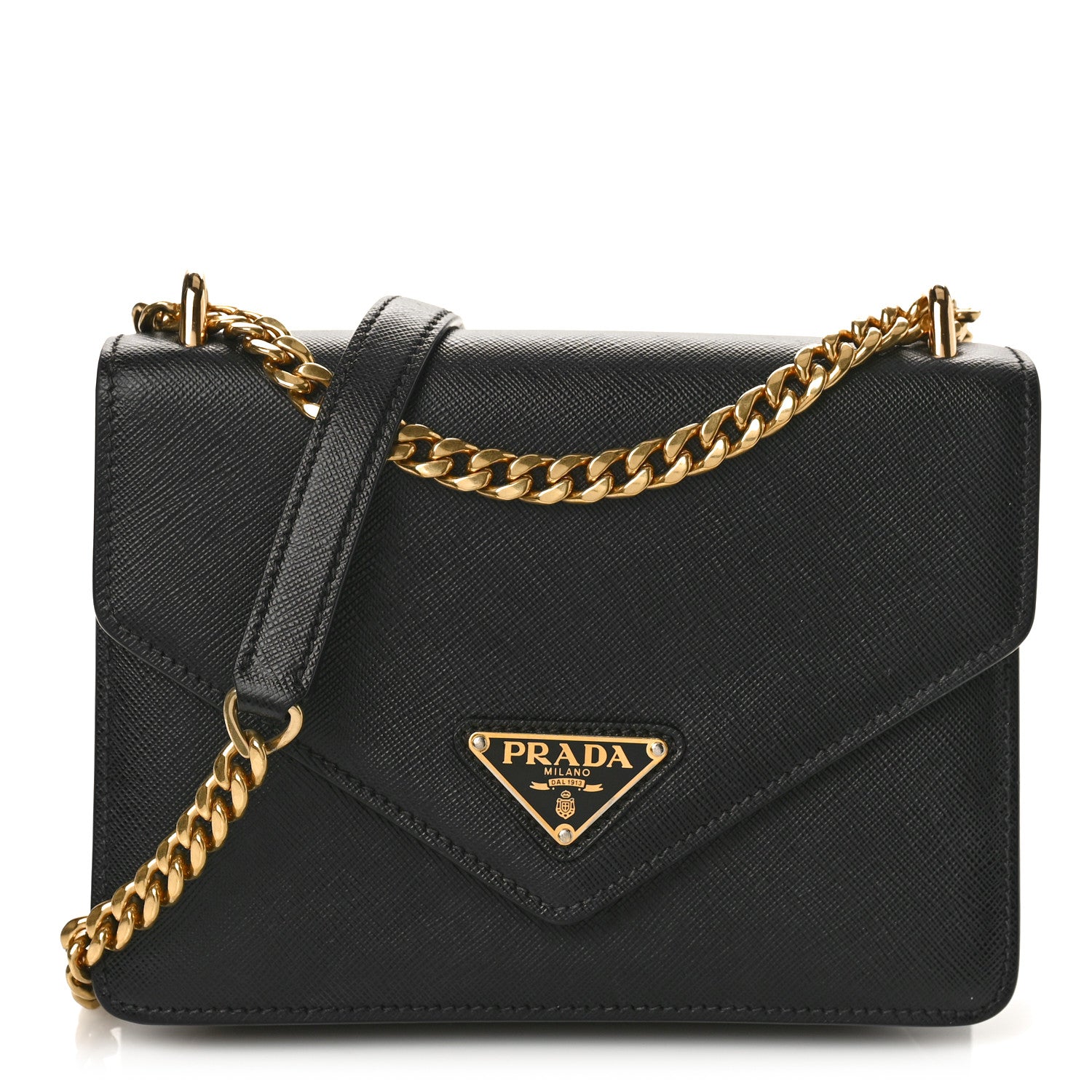 Prada Saffiano Soft Calfskin Metal Triangle Logo Envelope Chain Shoulder Bag Black 1 of 8