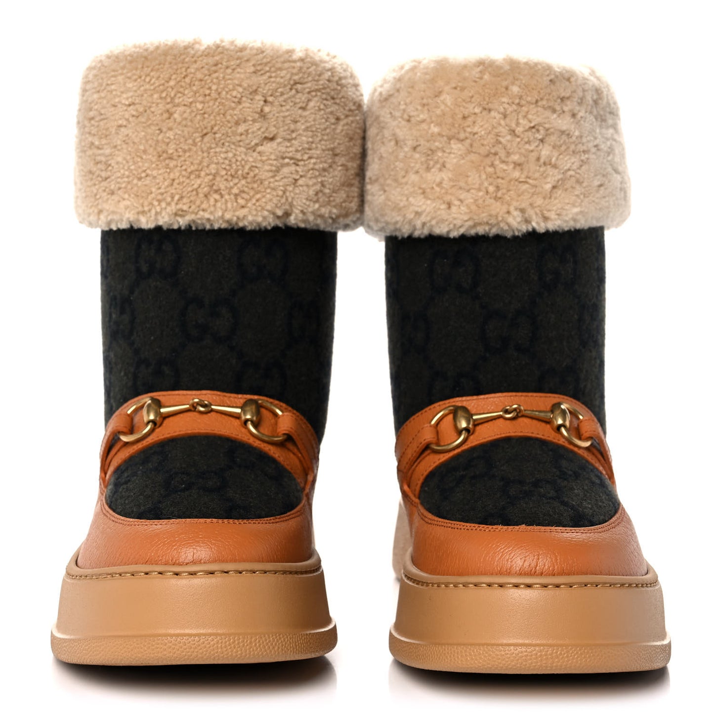Covered Wool Monogram Textured Dollar Calfskin Shearling Horsebit Snow Boots 39.5 Underwood Blue Hazel Brown