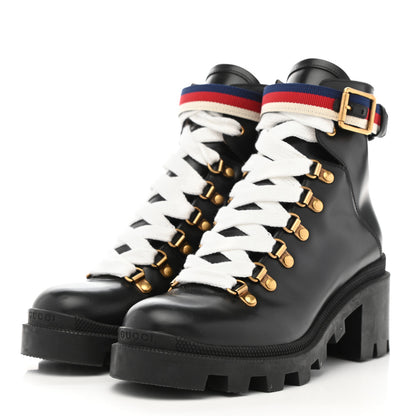 Gucci Calfskin Sylvie Web Lace Up Combat Boots 36.5 Black 3 of 18