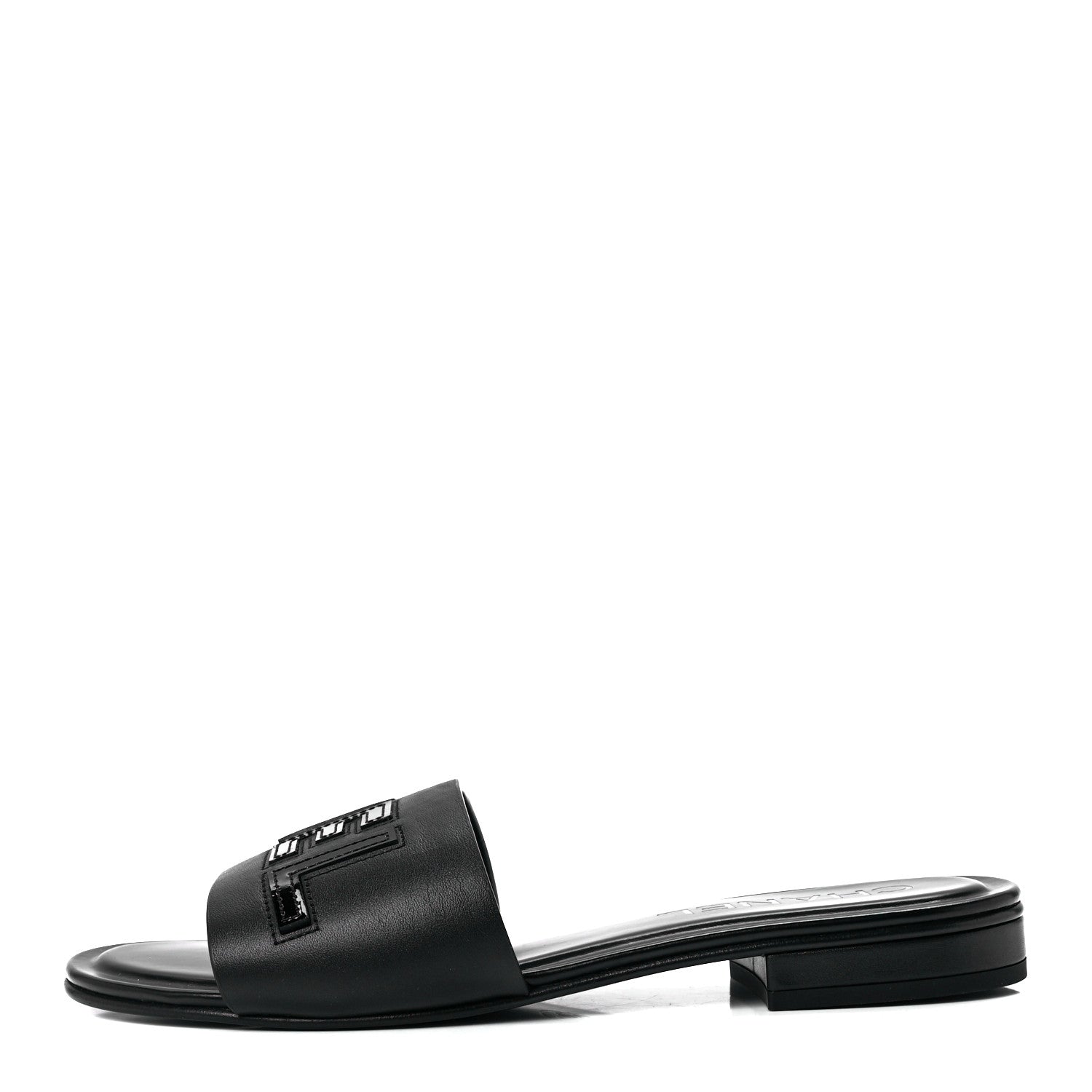 Chanel Calfskin Patent Calfskin Logo Mules 37.5 Black 1 of 8