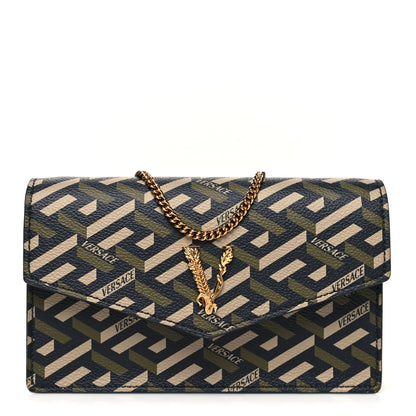 Versace Coated Canvas Virtus La Greca Signature Shoulder Bag Black Khaki 1 of 11
