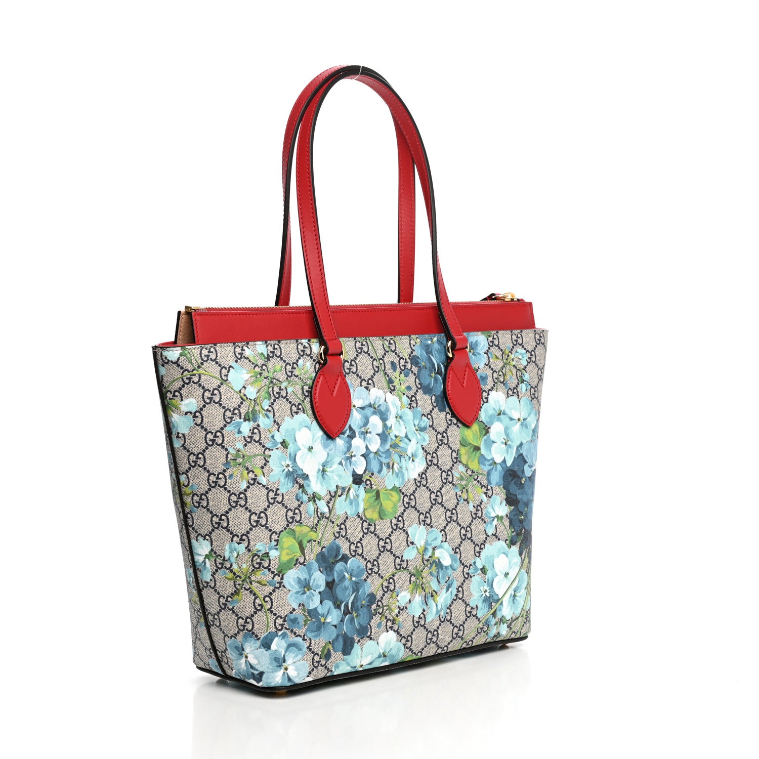 Gucci GG Supreme Monogram Blooms Medium Zippered Bucket Tote Beige Blue Navy Hibiscus Red 3 of 10