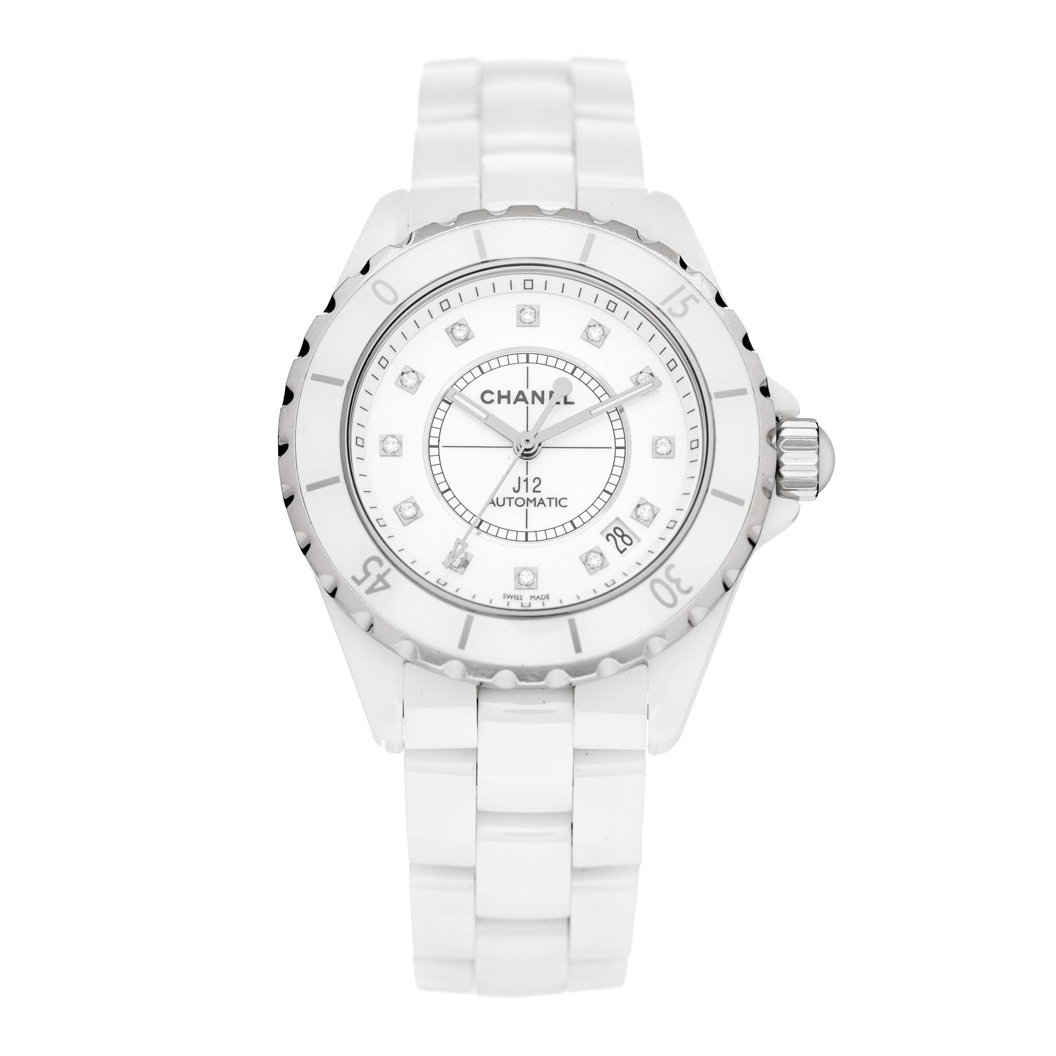 Chanel Stainless Steel Ceramic Diamond 38mm J12 Automatic Watch White 1 of 5