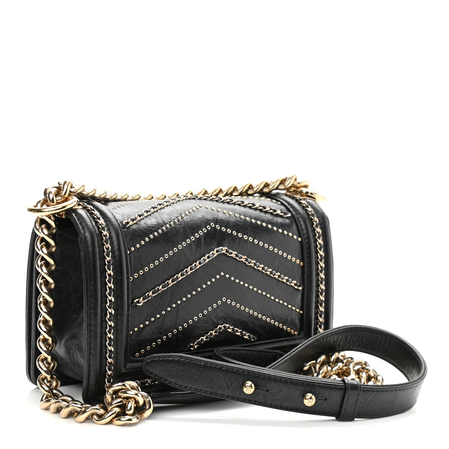 Crumpled Calfskin Chevron Small Chain Boy Flap Black