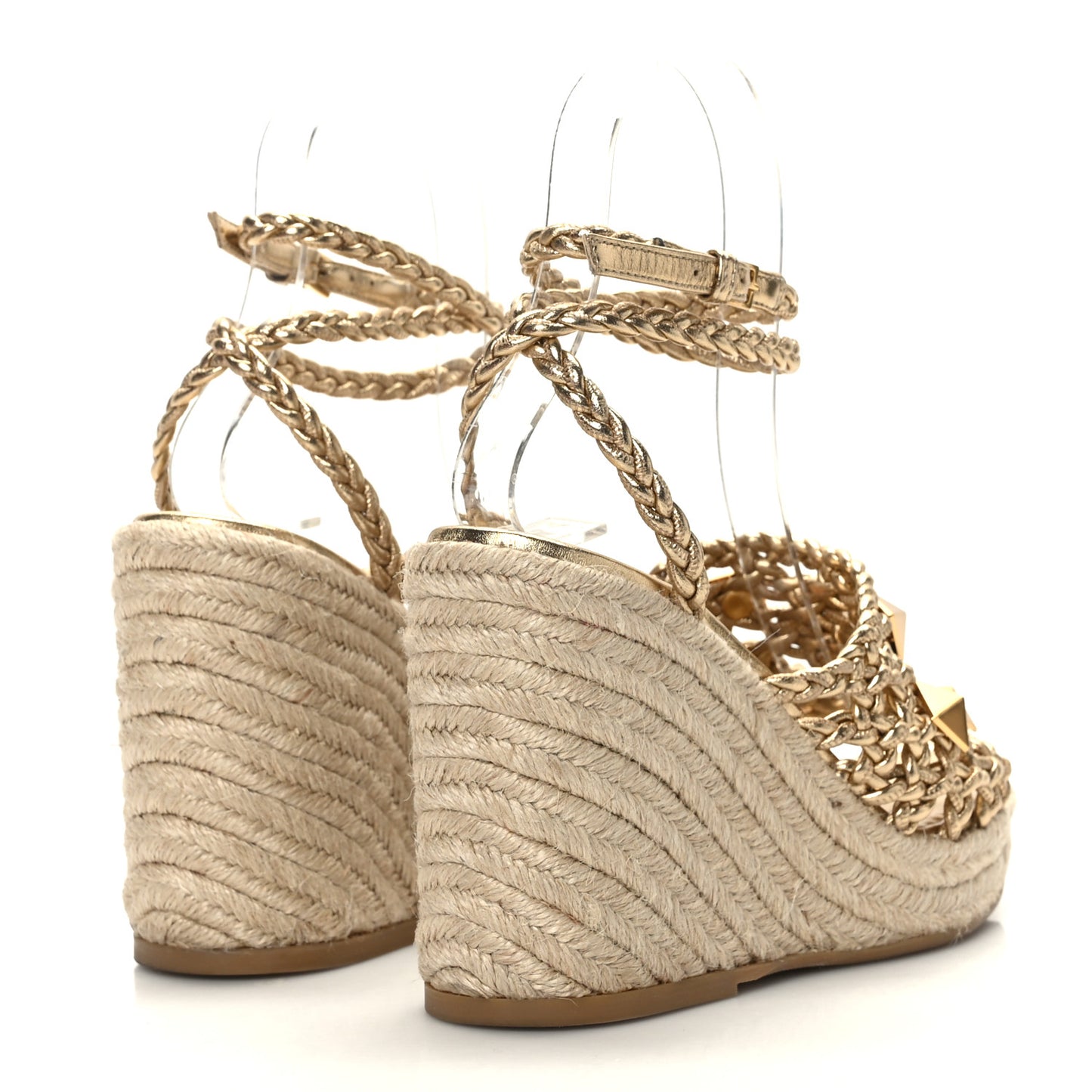 Metallic Nappa Woven Roman Stud Macrome Espadrille Wedge Ankle Wrap Sandals 35 Star Gold