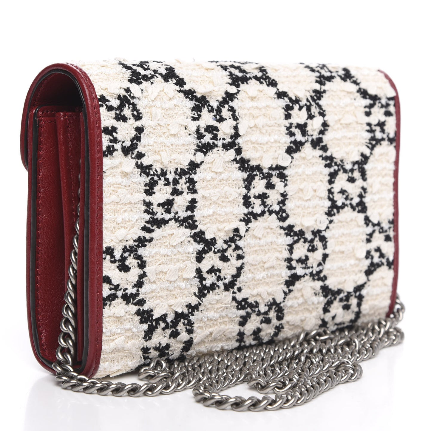 Tweed GG Monogram Mini Dionysus Chain Wallet White Black Romantic Cherry