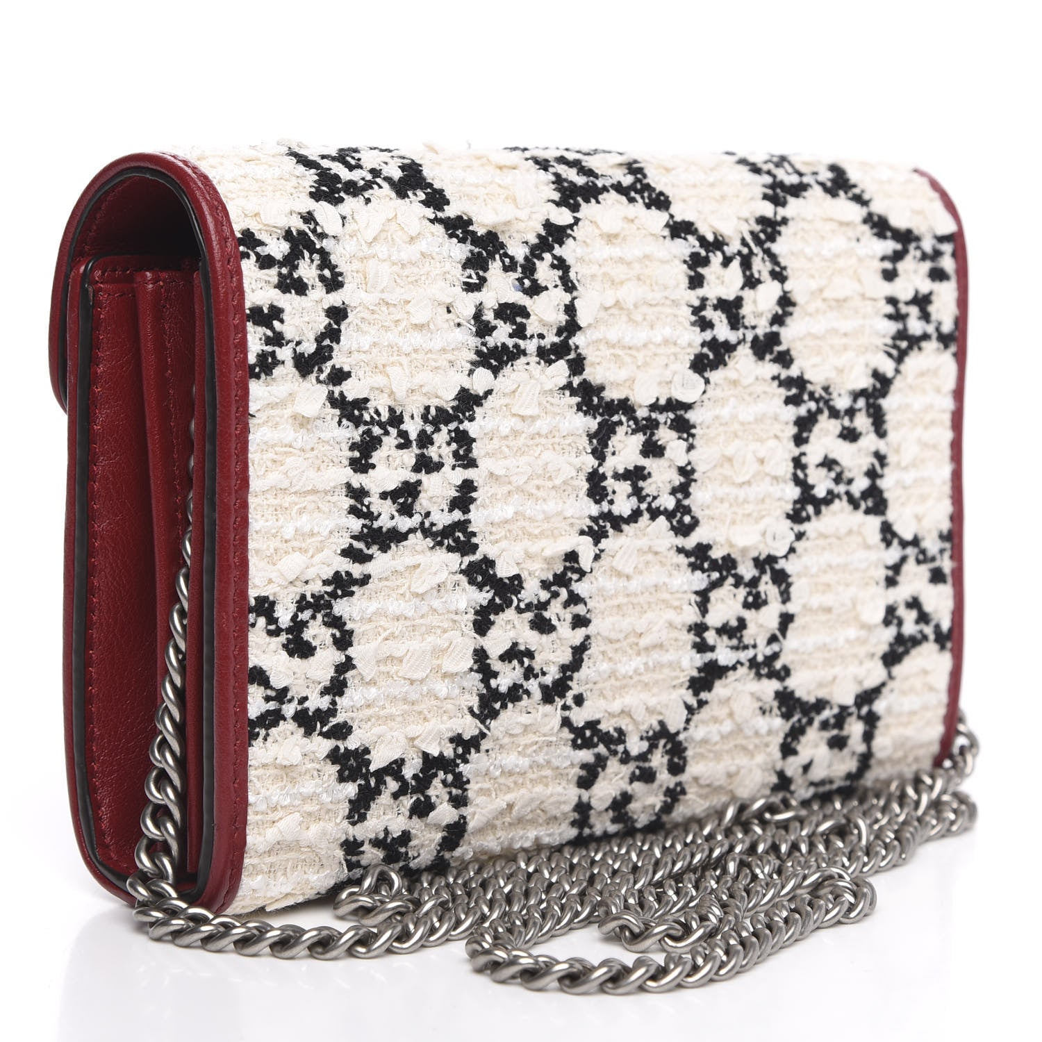 Gucci Tweed GG Monogram Mini Dionysus Chain Wallet White Black Romantic Cherry 3 of 11