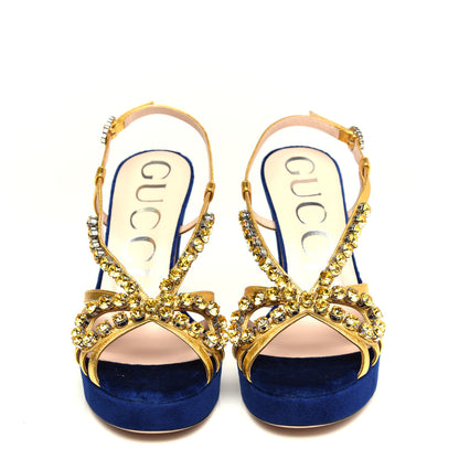 Gucci Velvet Nappa Crystal Zephyra Slingback Platform High Heel Sandals 37.5 Blue Gold 5 of 10