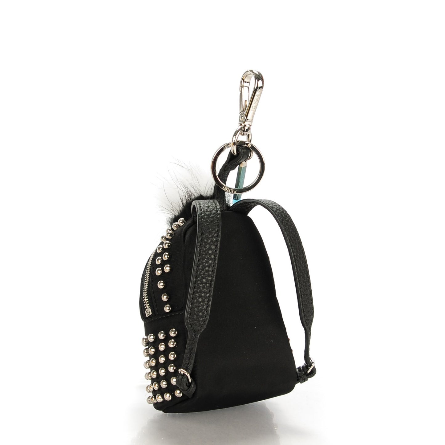 Nylon Nutria Fox Fur Studded Monster Eyes Mini Backpack Charm Argento Black Red