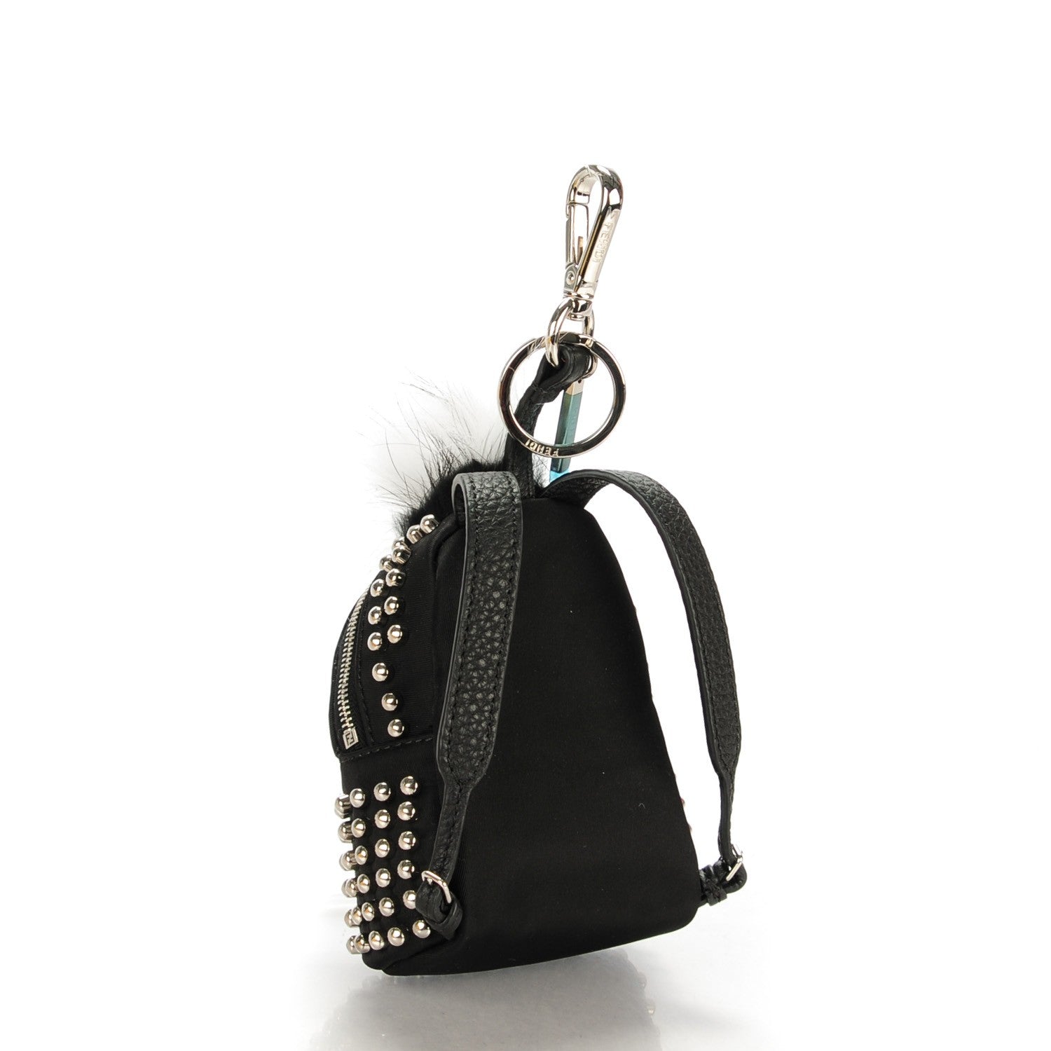 Fendi Nylon Nutria Fox Fur Studded Monster Eyes Mini Backpack Charm Argento Black Red 2 of 6