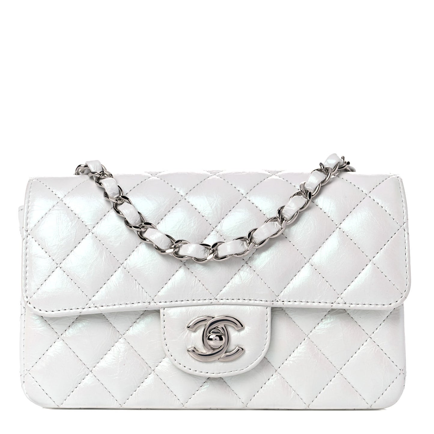 Iridescent Crumpled Calfskin Quilted Mini Rectangular Flap White