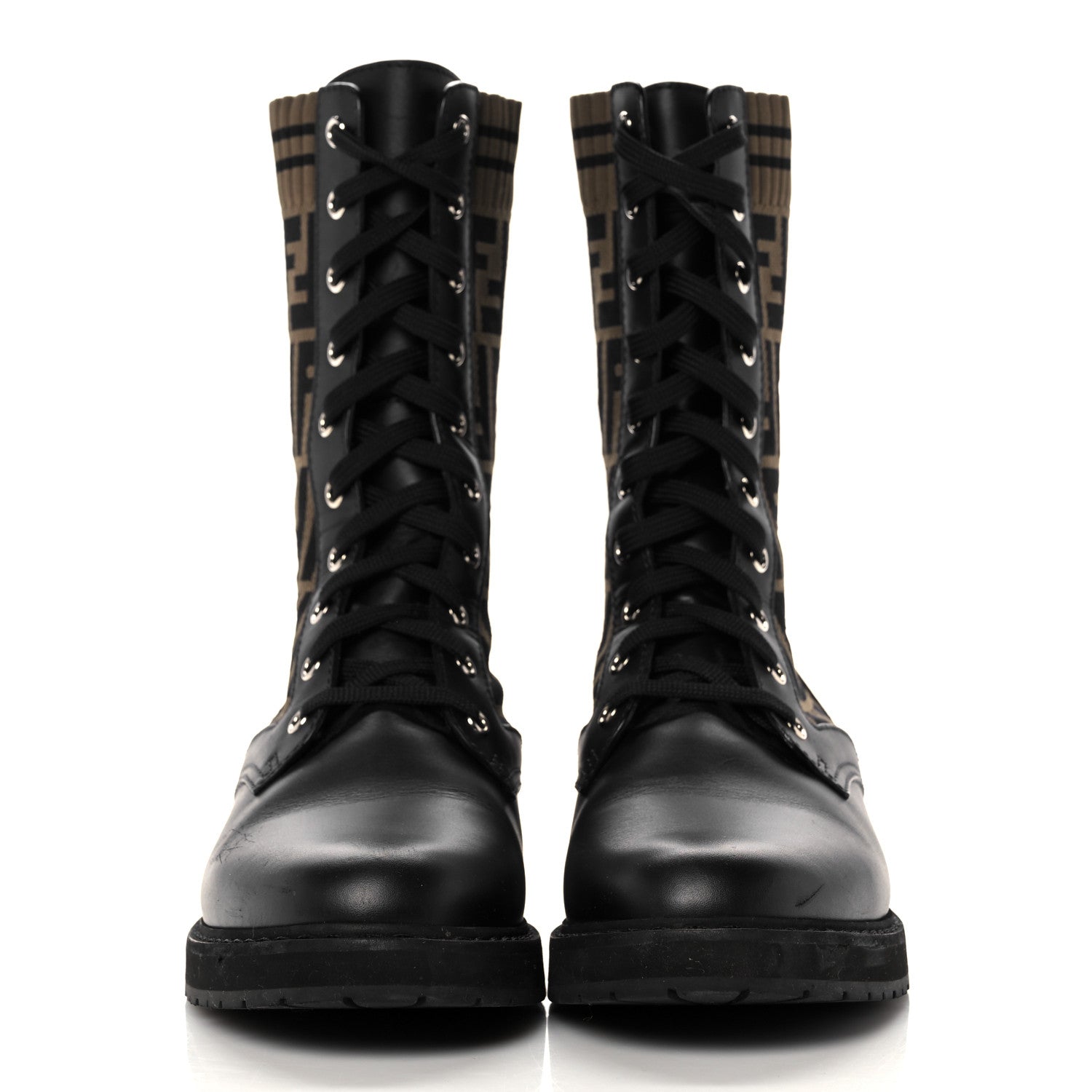 Fendi Calfskin Stretch Fabric FF Rockoko Biker Boots 41 Black Tobacco 2 of 13