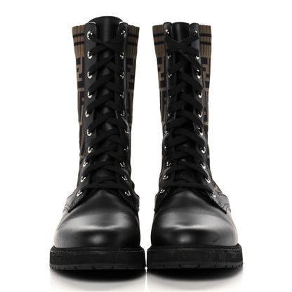 Fendi Calfskin Stretch Fabric FF Rockoko Biker Boots 41 Black Tobacco 2 of 13