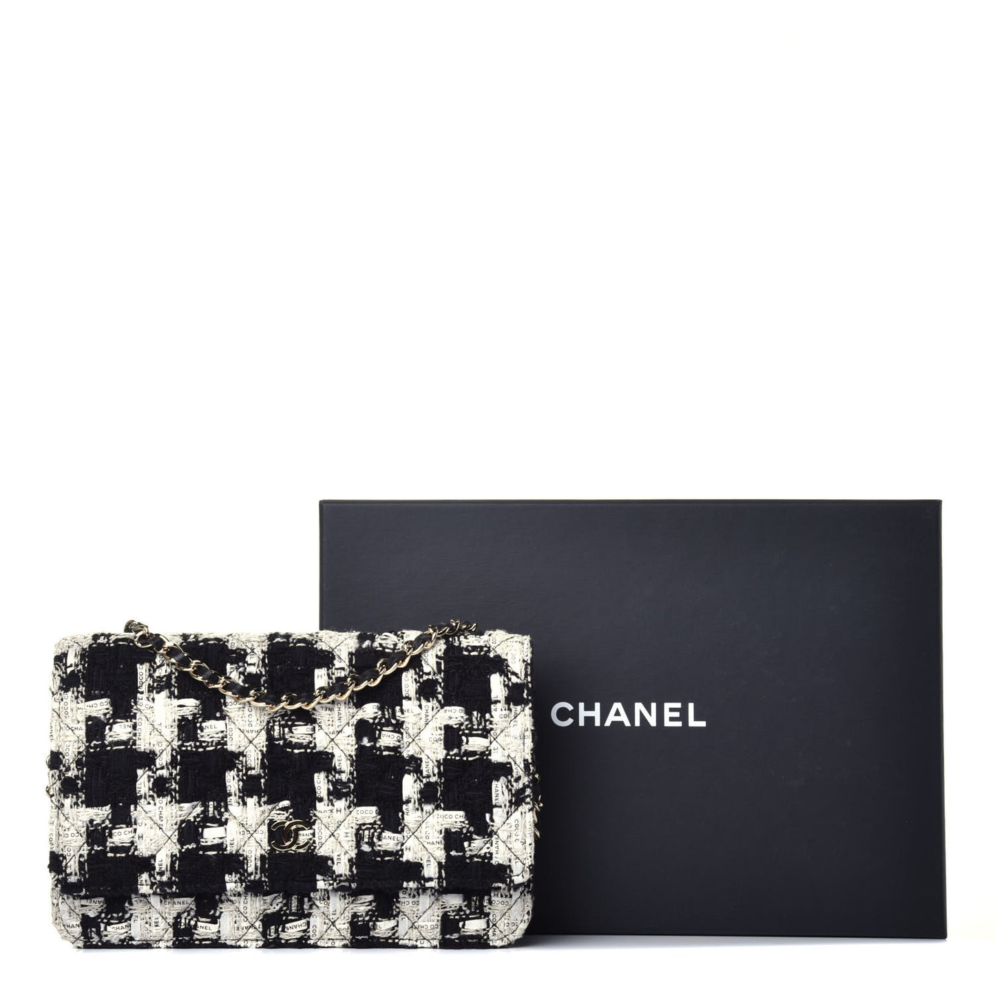 Tweed Quilted Wallet On Chain WOC Black Ecru White
