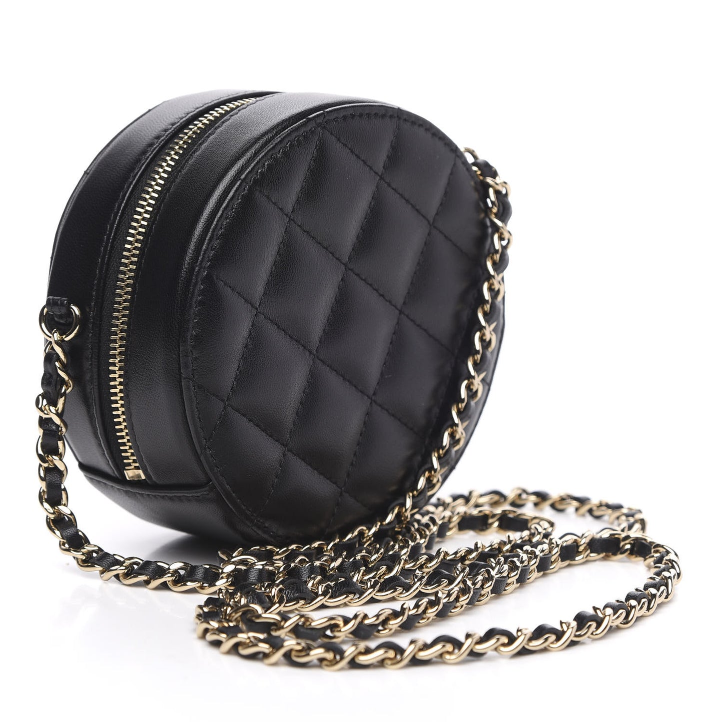 Lambskin Quilted Large CC Round Clutch With Chain Black