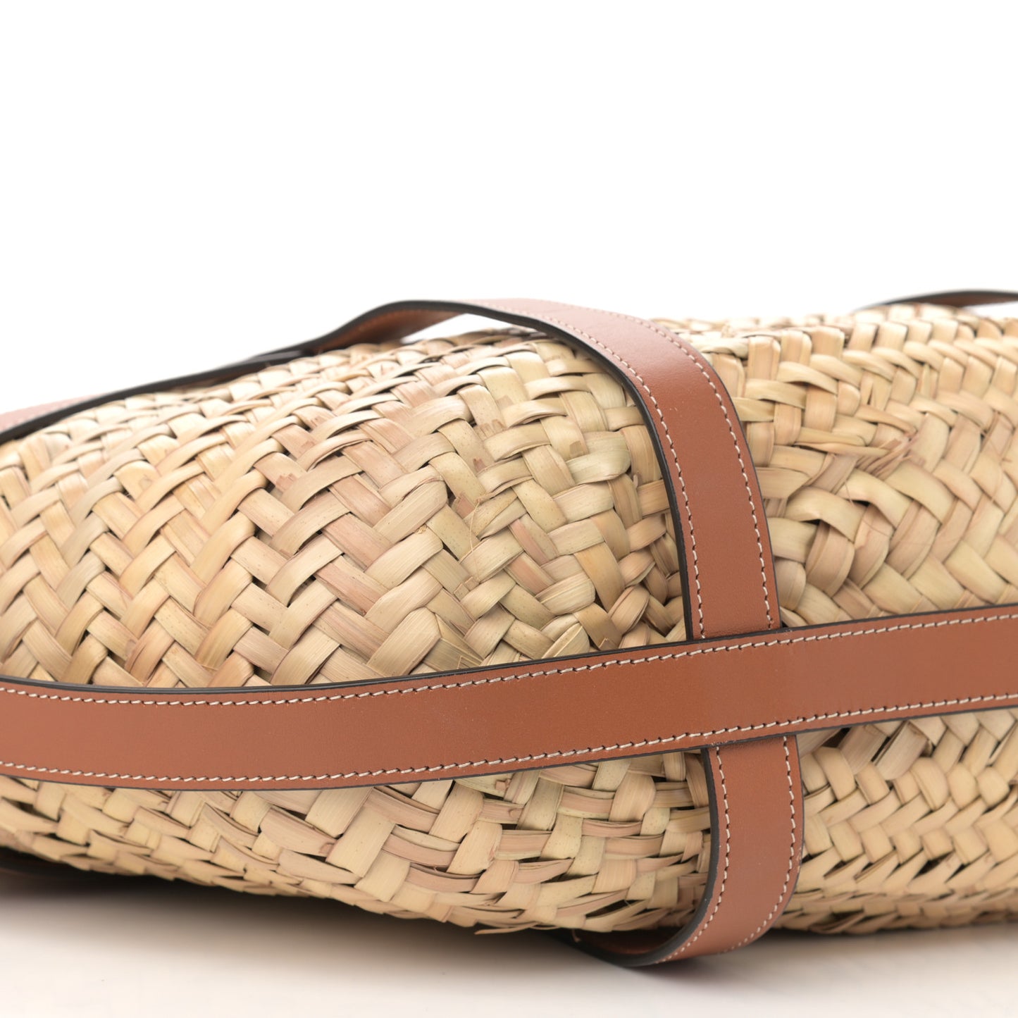 Raffia Calfskin Large Gridded Basket Tote Tan