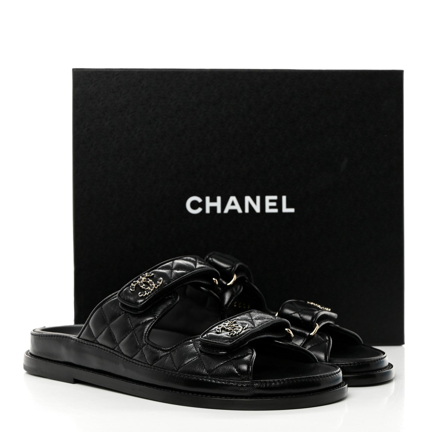 Lambskin Quilted Velcro Dad Chain CC Slide Sandals 38.5 Black
