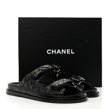 Chanel Lambskin Quilted Velcro Dad Chain CC Slide Sandals 38.5 Black 9 of 9
