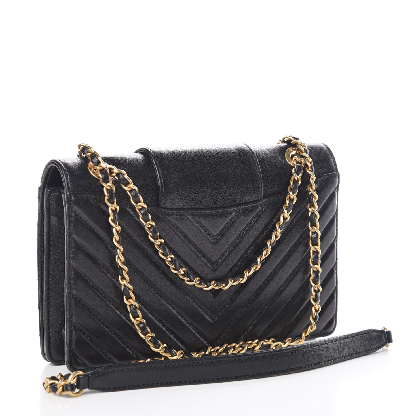 Shiny Sheepskin Chevron Quilted Collar and Tie Mini Flap Black