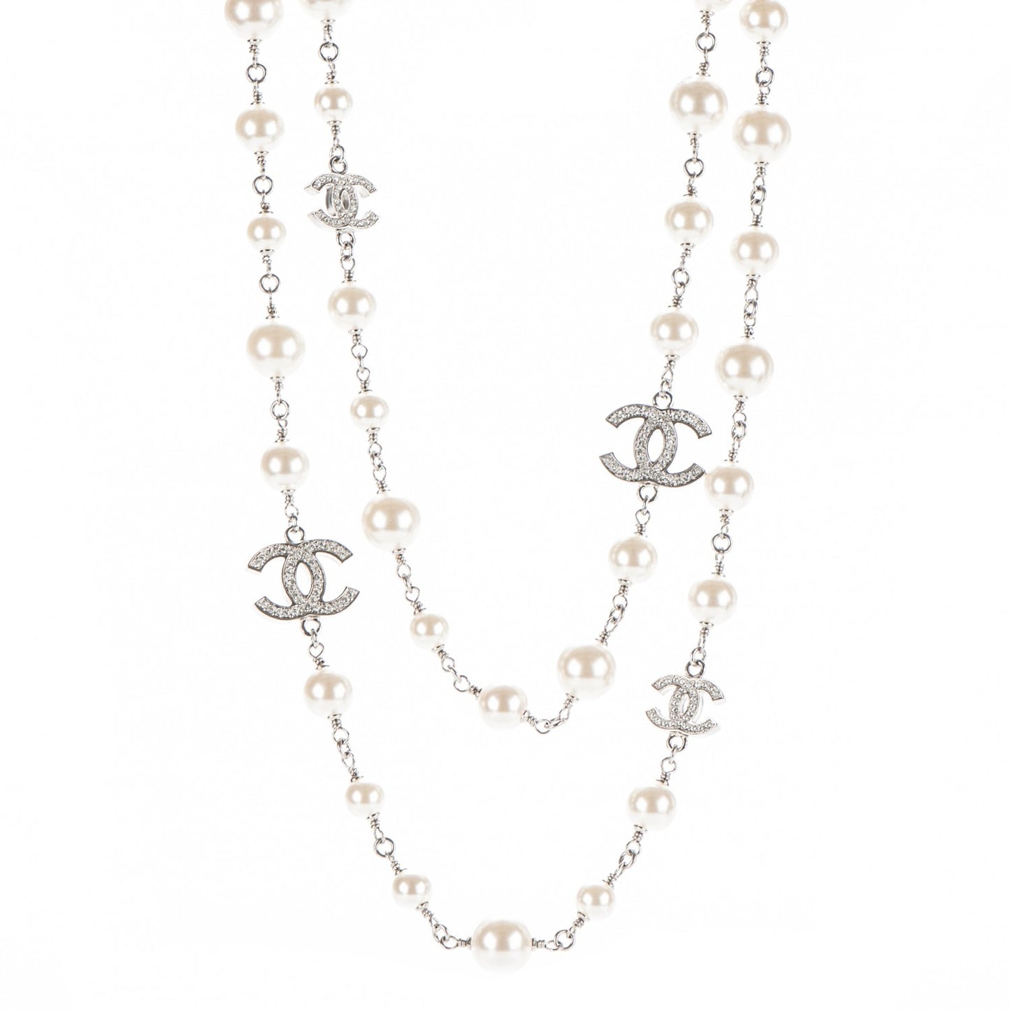 Crystal Pearl CC Long Necklace Silver