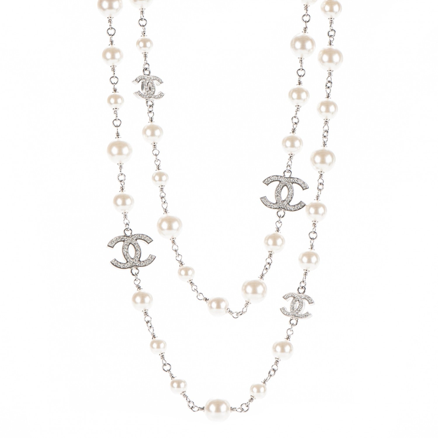 Chanel Crystal Pearl CC Long Necklace Silver 1 of 5