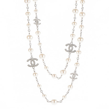 Chanel Crystal Pearl CC Long Necklace Silver 1 of 5