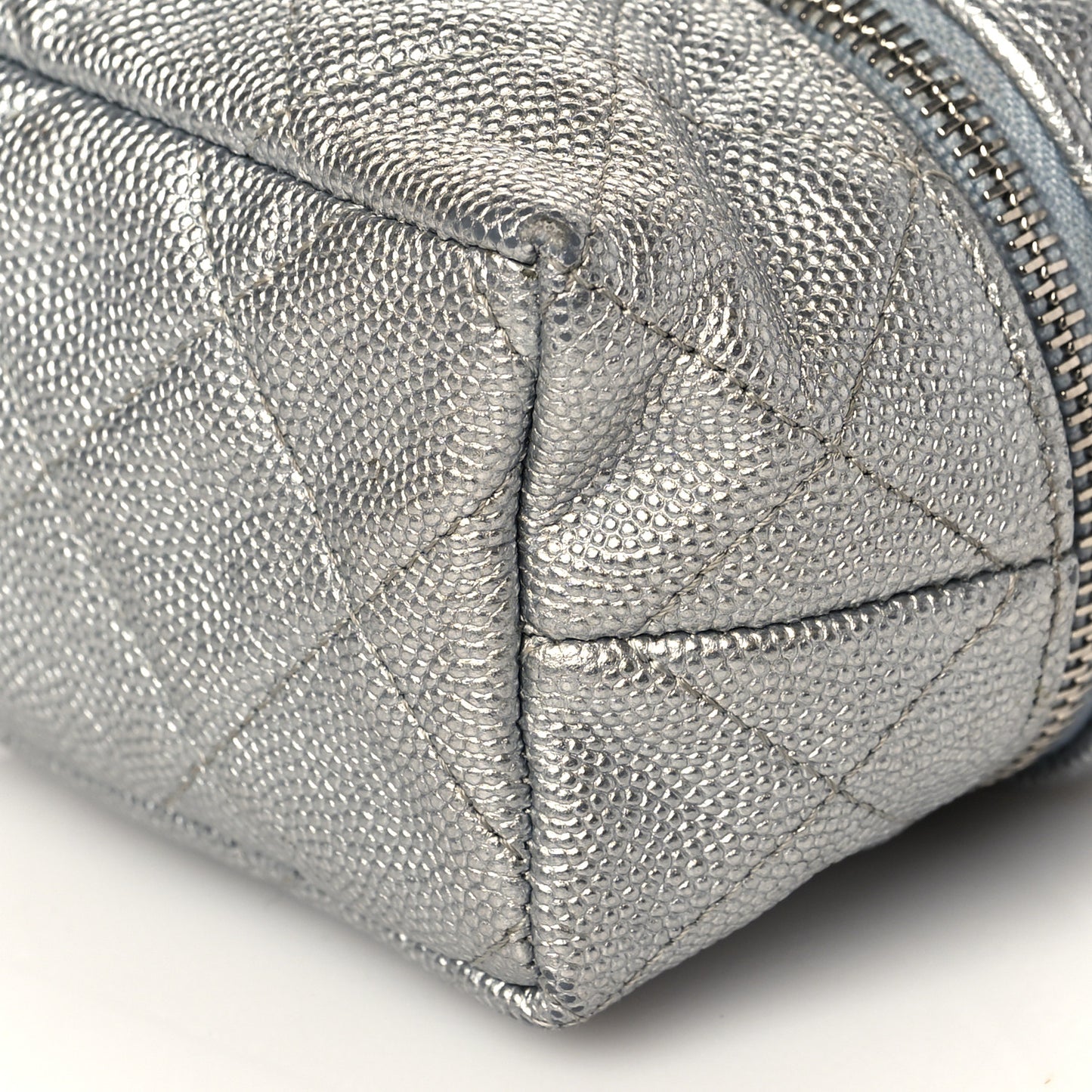 Metallic Caviar Quilted Mini Top Handle Vanity With Chain Silver