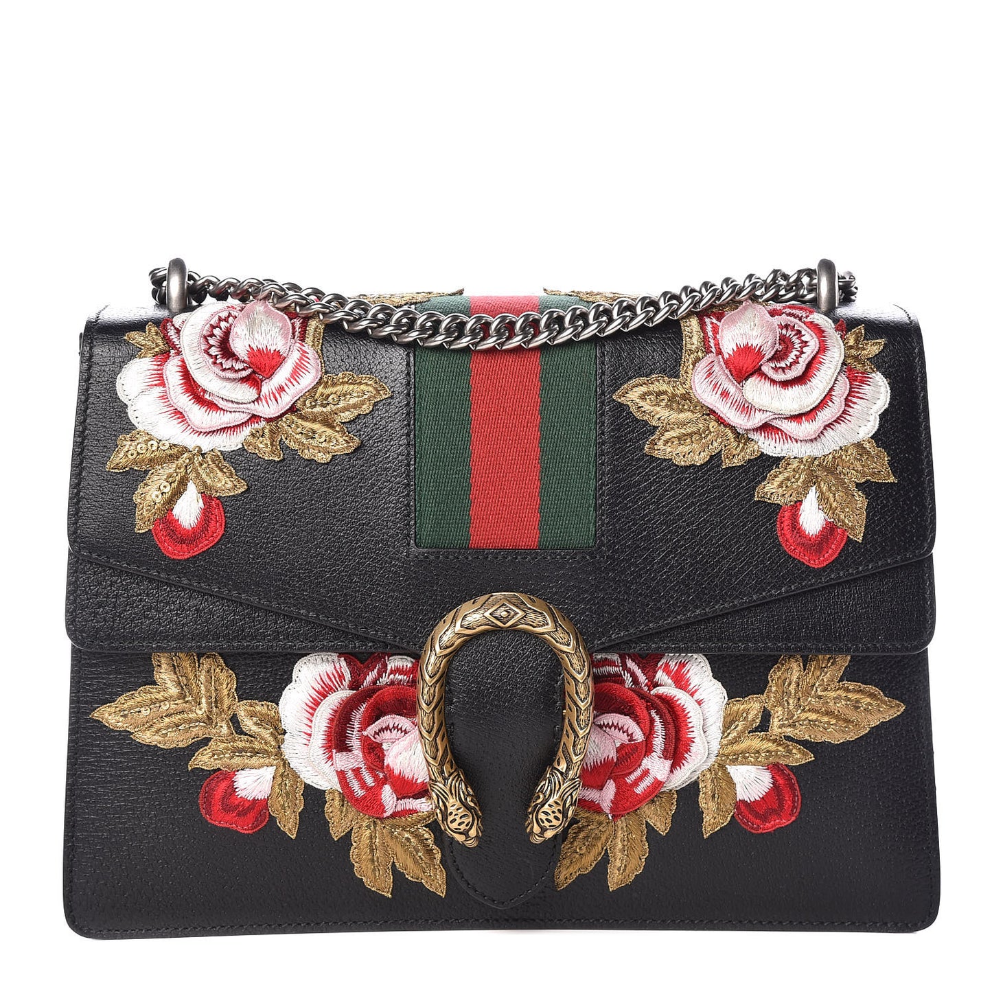 Calfskin Web Floral Embroidered Medium Dionysus Shoulder Bag Black