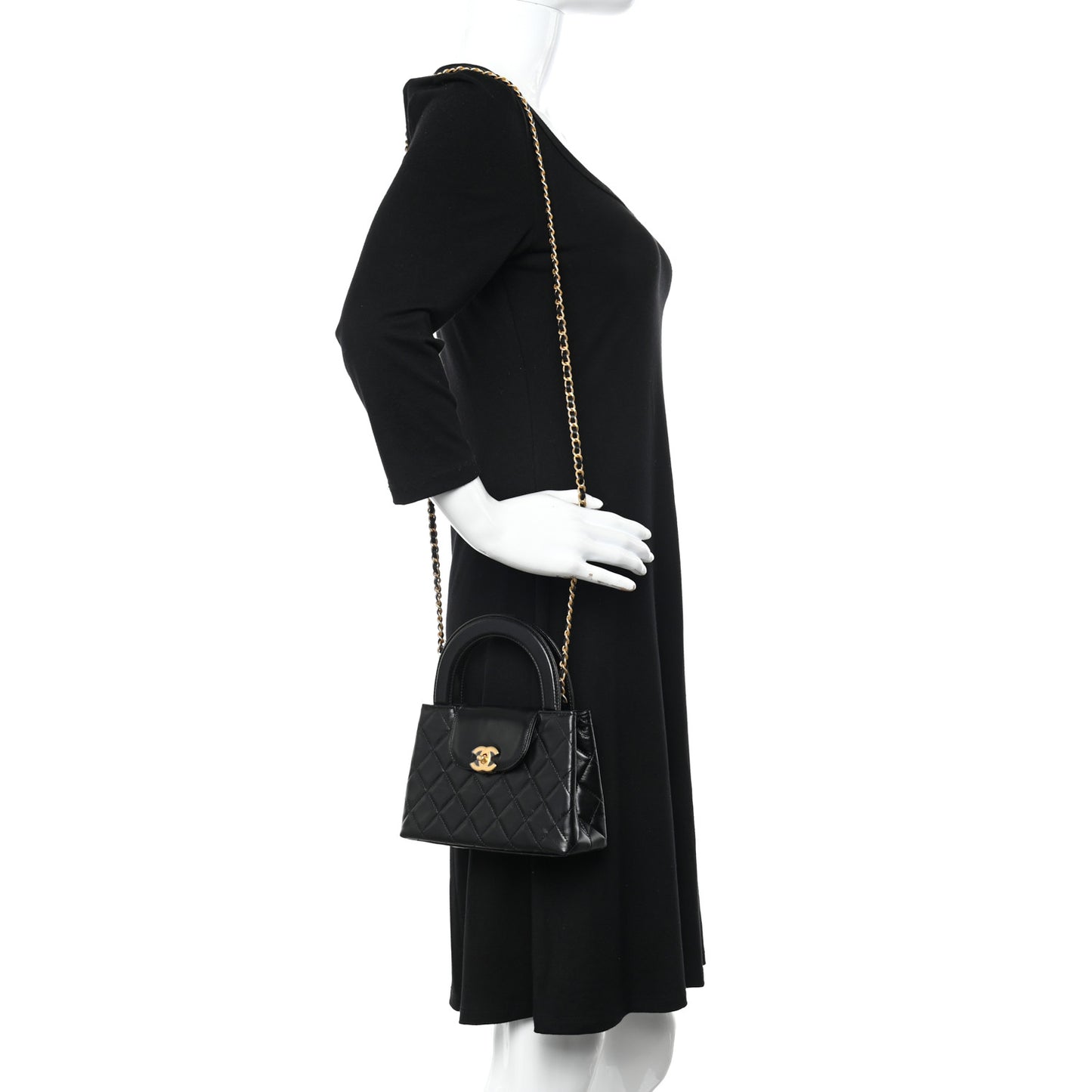 Shiny Aged Calfskin Quilted Nano Kelly Shopper Black