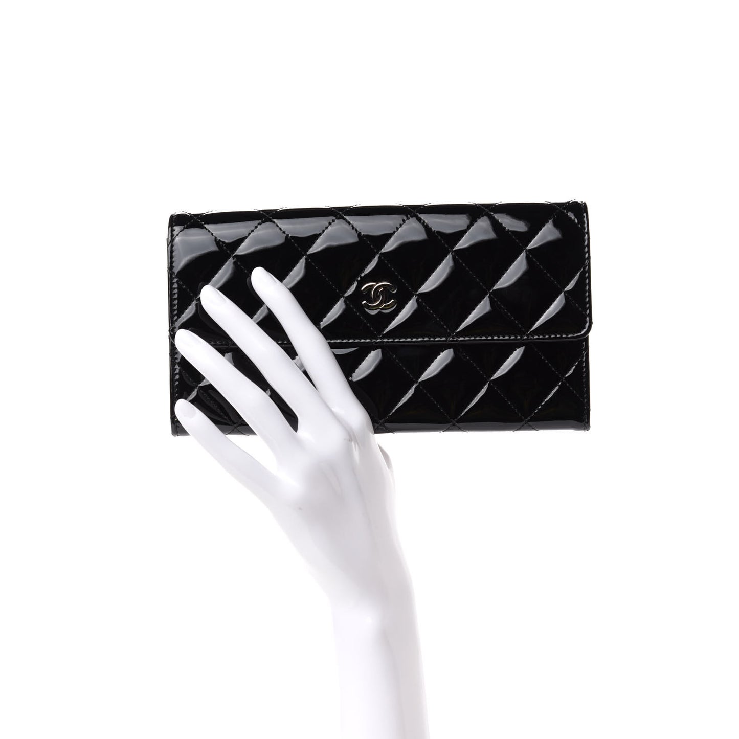 Patent Quilted Large Flap Wallet Black