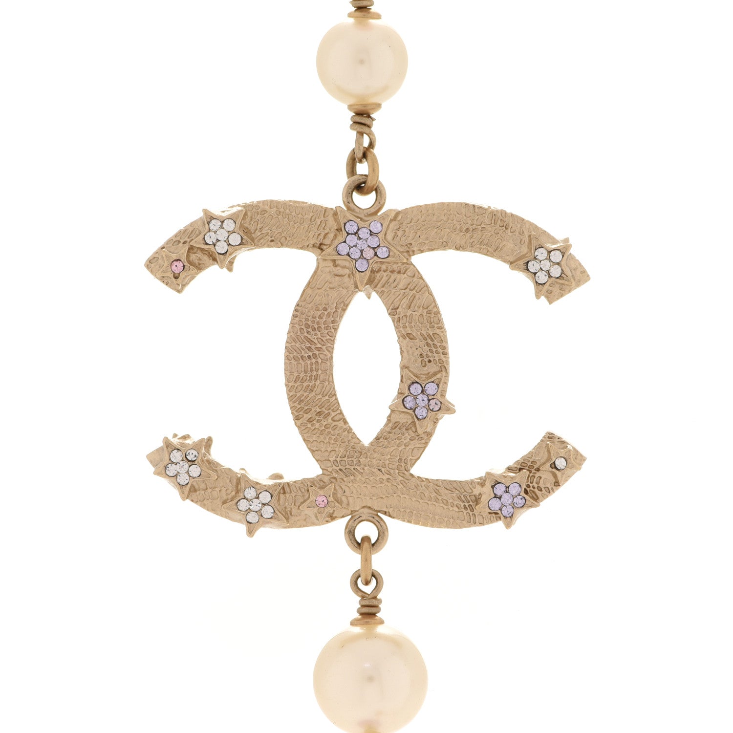 Chanel Crystal Pearl Beaded Star CC Necklace Gold Purple 4 of 5