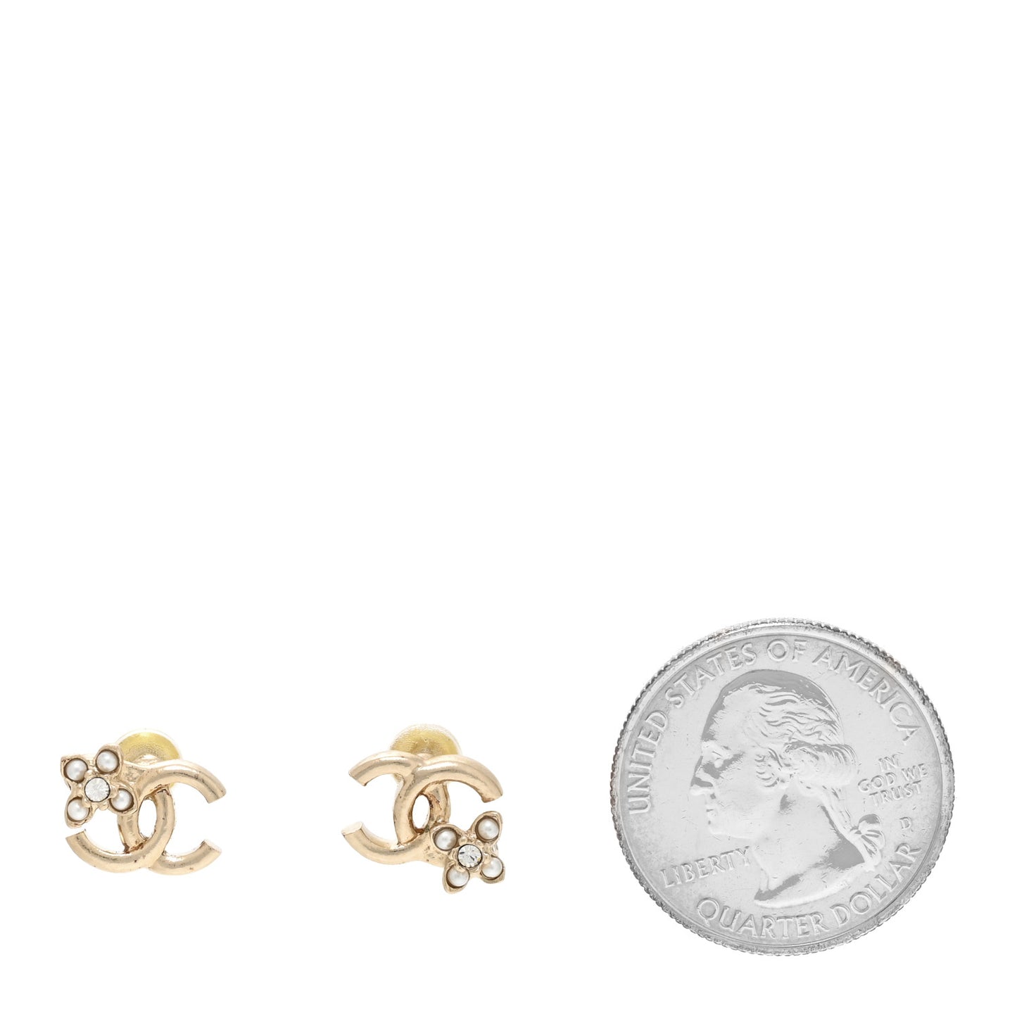 Metal Crystal Pearl CC Flower Earrings Gold