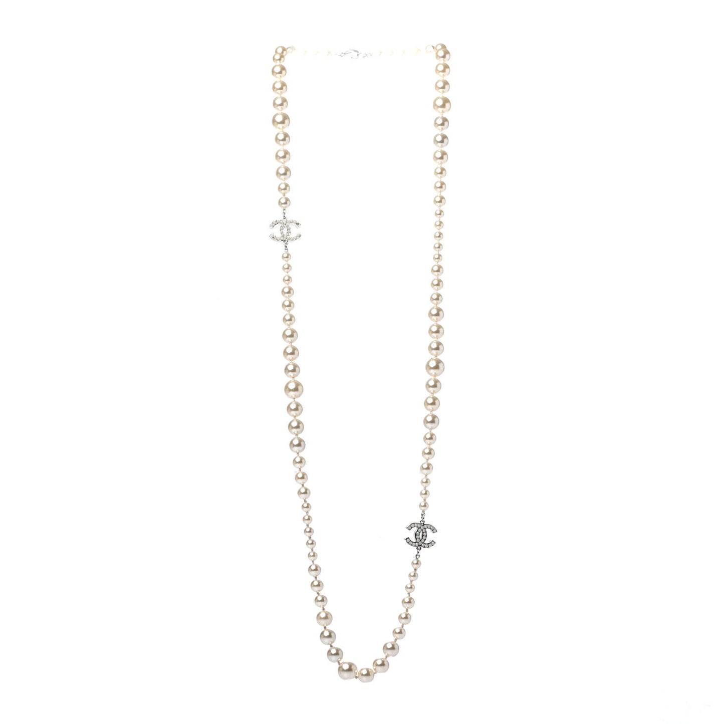 Graduated Pearl CC Long Necklace Silver