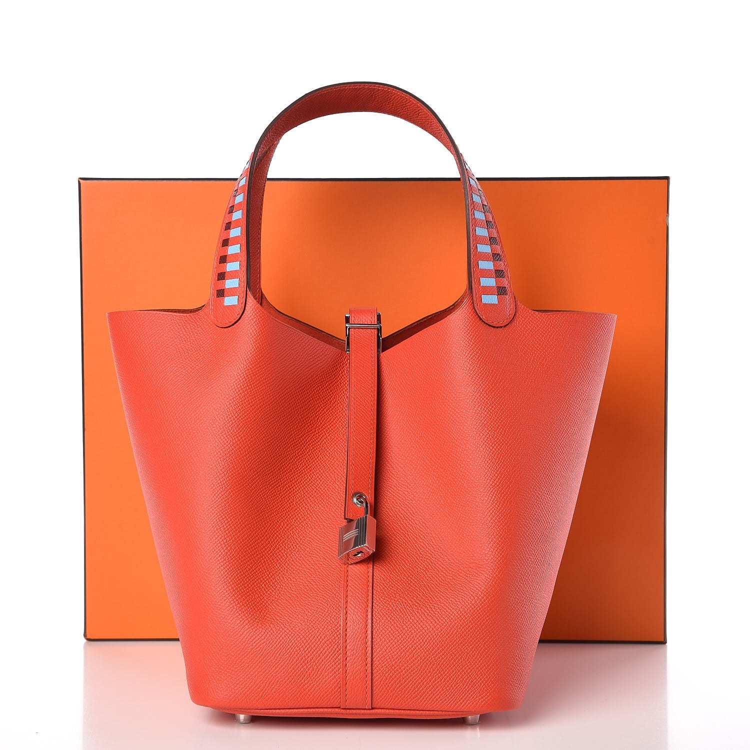 Hermes Epsom Tressage De Cuir Picotin Lock 22 MM Capucine Celeste Rouge H 8 of 8