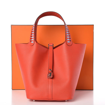 Hermes Epsom Tressage De Cuir Picotin Lock 22 MM Capucine Celeste Rouge H 8 of 8