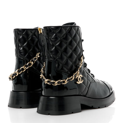 Chanel Shiny Calfskin Patent Quilted Chain Lace Up Combat Boots 35.5 Black 4 of 10