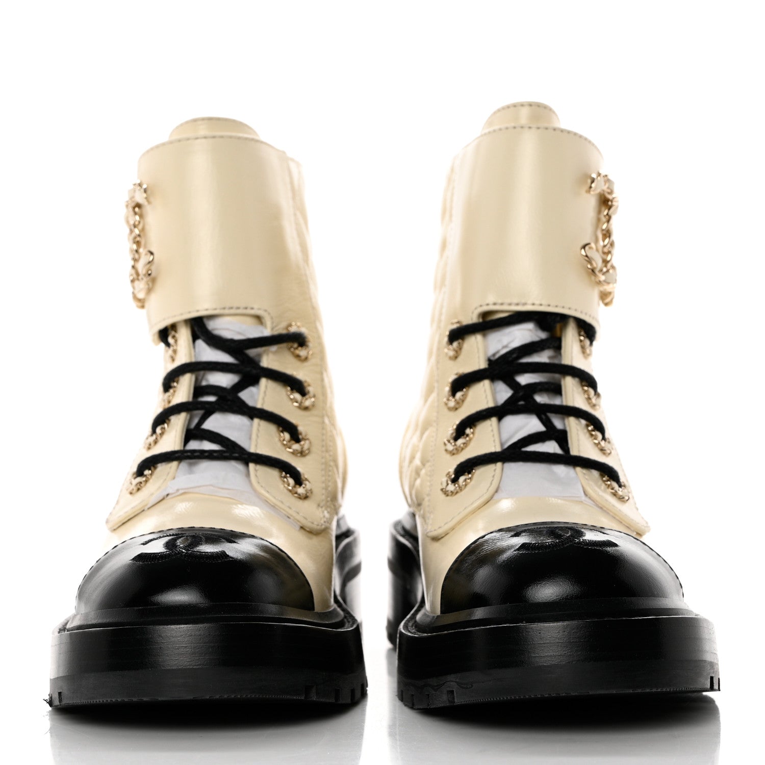 Chanel Shiny Lambskin Quilted Lace Up Combat Boots 35 Ivory Black 2 of 9